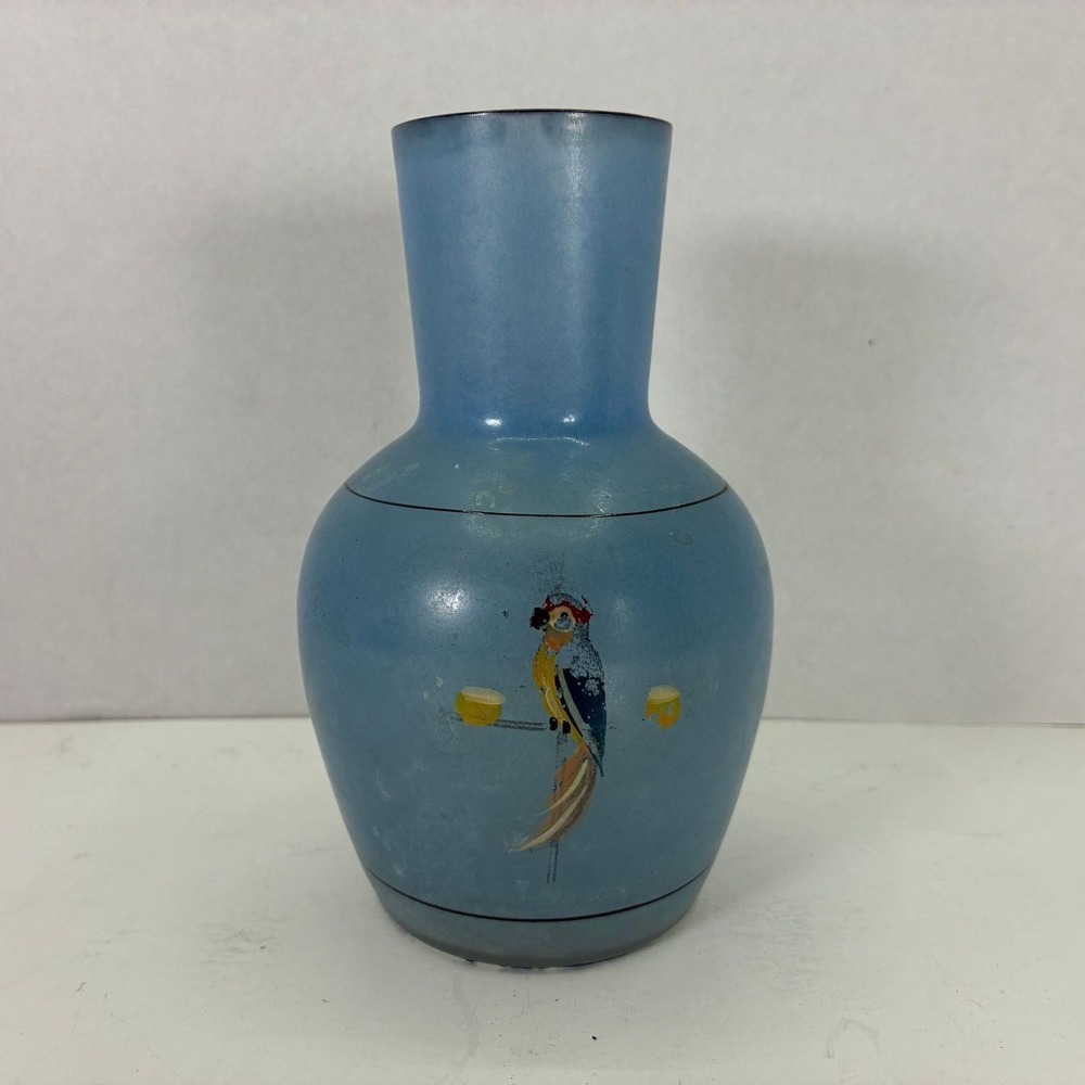 Vintage Frosted Blue Satin Glass Parrot Vase Hand Painted Tropical Decor 6"